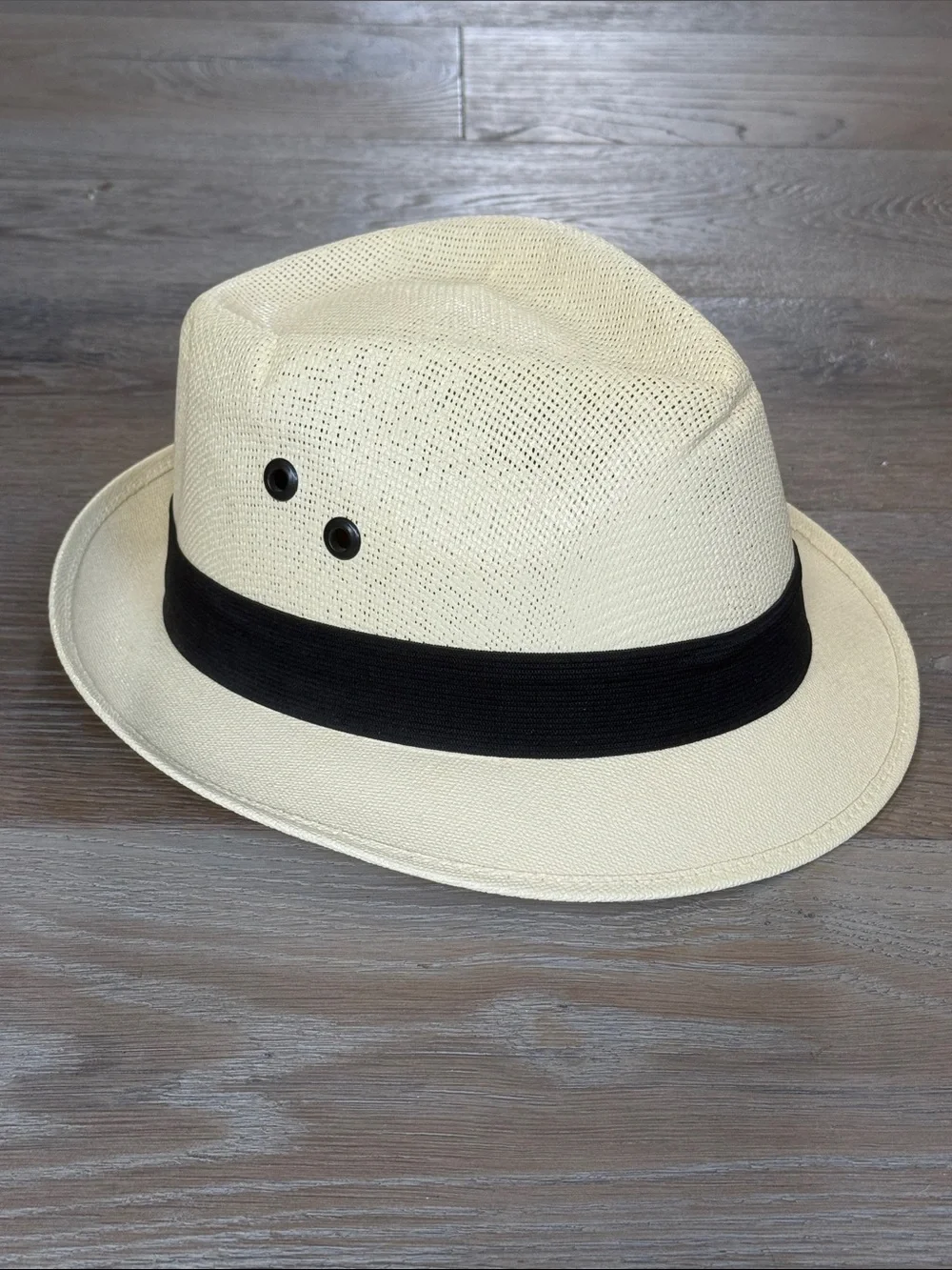 Unisex Breathable Cream Fedora with Black Band, 4 Vents, Elastic Inside Band
